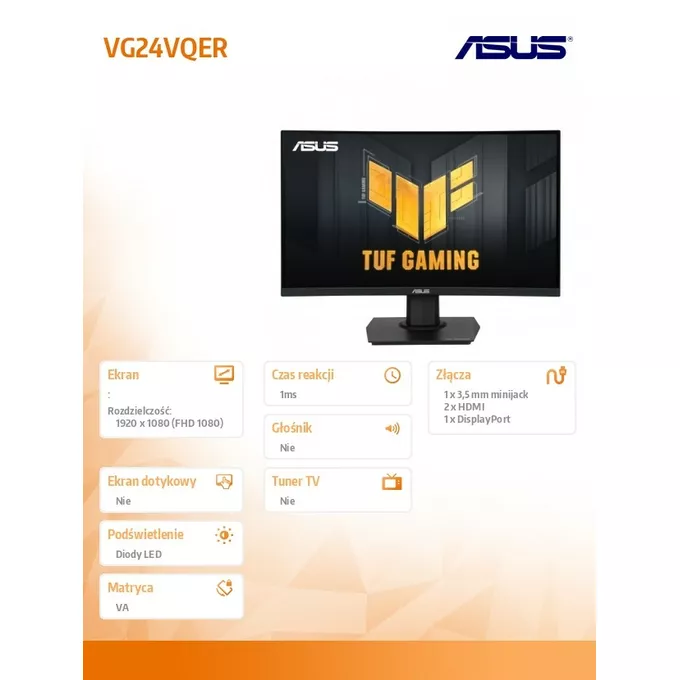 Asus Monitor 24 cale VG24VQER 2xHDMI DisplayPort czarny 1ms
