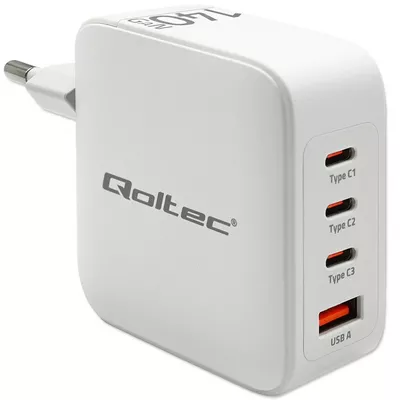 Qoltec Ładowarka sieciowa 140W GaN | 5-20V | 2.5-5A | 3xUSB-C PD | 1xUSBQC 3.0 | Biała