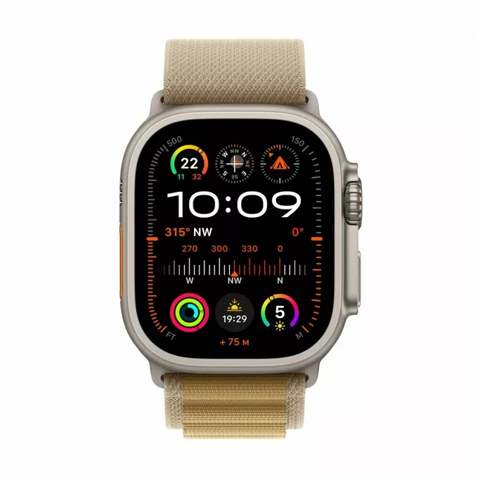 Apple Watch Ultra 2 GPS + Cellular, koperta 49 mm z tytanu w kolorze naturalnym z opaską Alpine S w kolorze beżowym