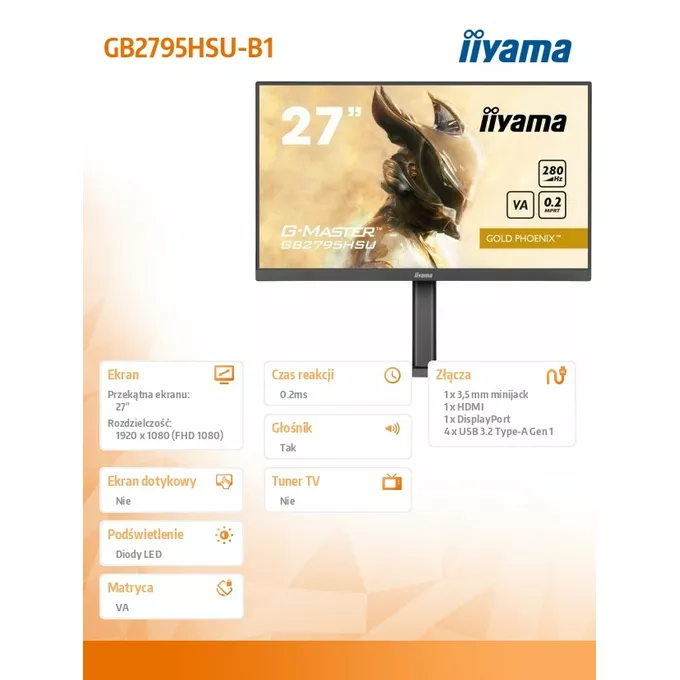 IIYAMA Monitor 27 cali GB2795HSU-B1 0.2ms, VA, DP, HDMI, 280Hz