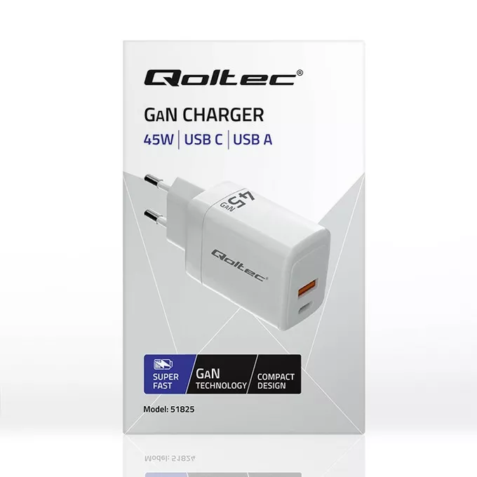 Qoltec Ładowarka sieciowa 45W GaN | 5-20V | 1.5-3A | 1xUSB-C PD | 1xUSB QC 3.0 | Biała