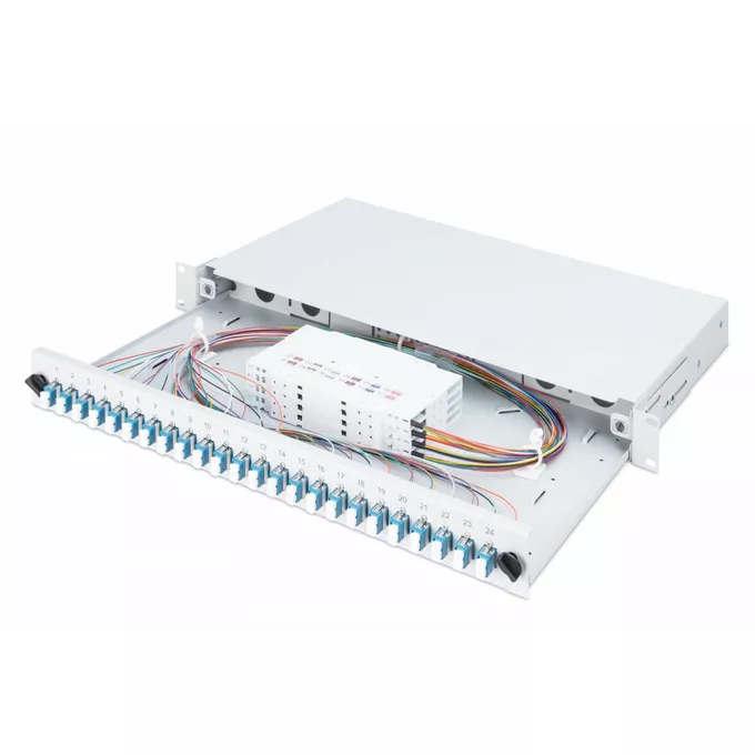 Digitus Przełącznica światłowodowa/panel krosowy z wyposażeniem 19 cali 1U, 24x LC duplex, OS2, zawiera pigtaile, adaptery, tacki, wysuwany, Szara