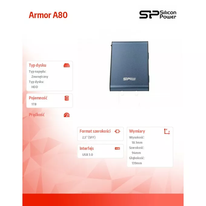 Silicon Power ARMOR A80 1TB USB3.0 PANCERNY / wibro/pyło/wstrząso i wodoodporny