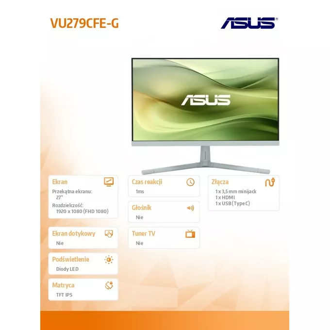 Asus Monitor 27 cali VU279CFE-G VU IPS 100Hz HDMI USB-C 15W
