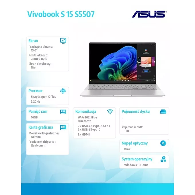 Asus Notebook Vivobook S 15 (S5507) S5507QA-MA007W Snapdragon X Plus X1P 42 100/16GB/1TB/15.6 cali OLED/Win11Home