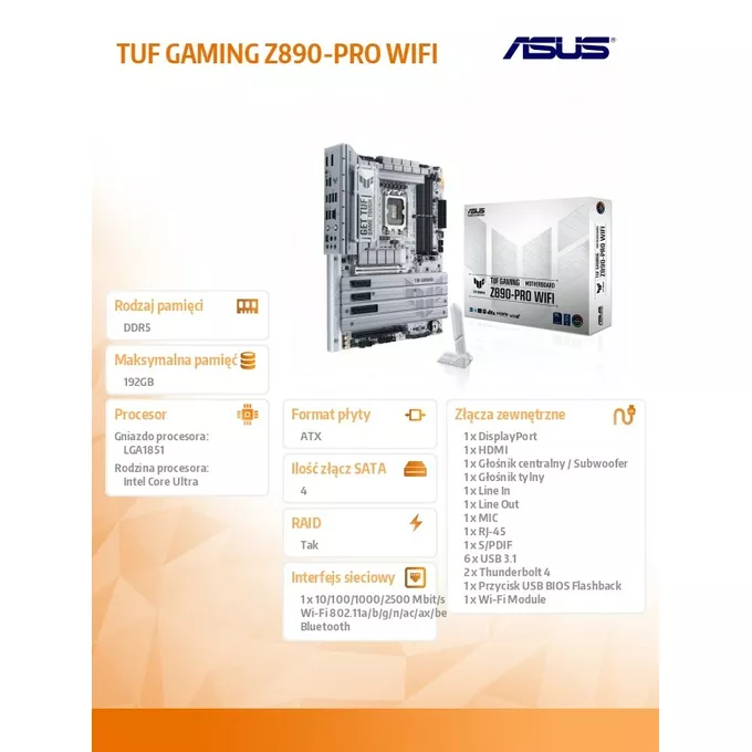 Asus Płyta główna TUF GAMING Z890-PRO WIF I s1851 4DDR5 TB4/DP ATX/90MB1IR0-M0EAY0