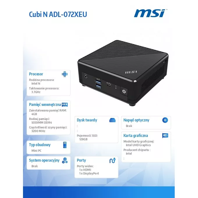 MSI Mini PC Cubi N ADL-072XEU   nOS/N200/4GB/128PCIE/WiFi/AC/BT/Black
