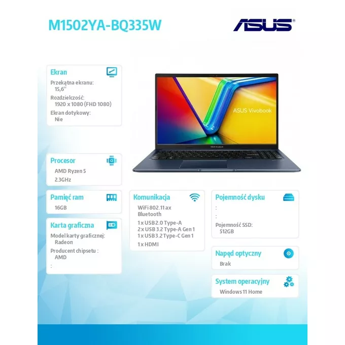 Asus Notebook Vivobook 15 M1502YA-BQ335W R5 7430U 16GB/512GB/15.6 inch FHD/Win11Home