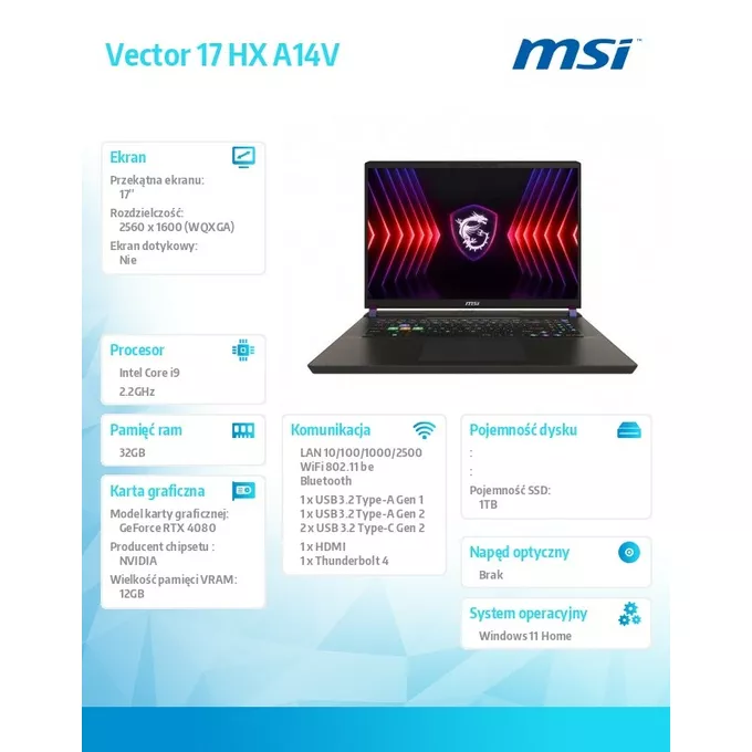 MSI Notebook Vector 17 HX A14VHG-1007PL/WIN11/i9-14900HX/32GB/1TB/RTX4080/17.0
