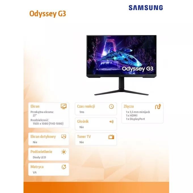Samsung Monitor gamingowy Odyssey G3 27 cali LS27DG300EUXEN