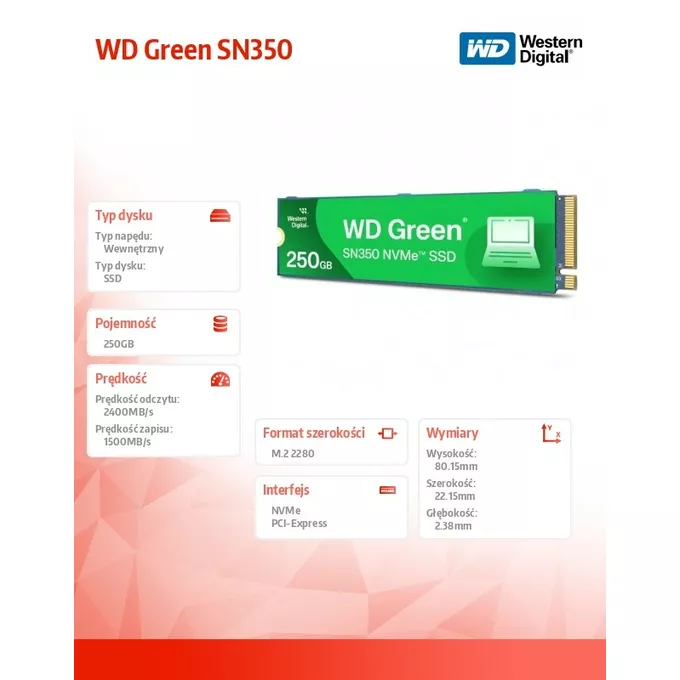 Western Digital Dysk SSD Green 250GB M.2 2280 SN350 NVMe PCIe