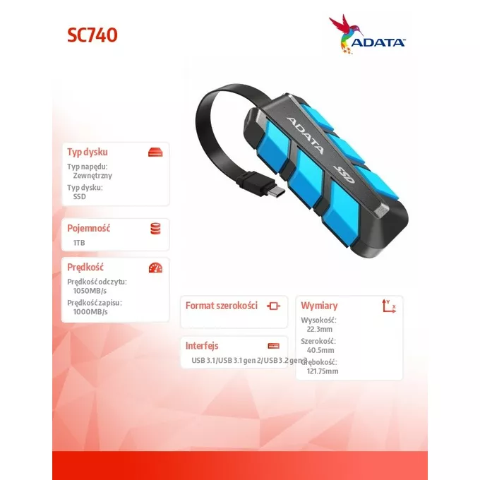 Adata Dysk zewnętrzny SSD SC740 1TB U3.2C 1050/1000 MB/s niebieski