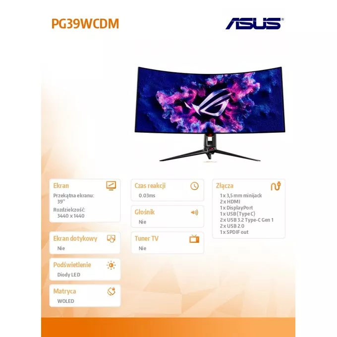 Asus Monitor 39 cali PG39WCDM OLED QOLED 0.03 240Hz KVM 450NIT DP HDMIx2 USBx4 USB-C 90w h:0-80mm