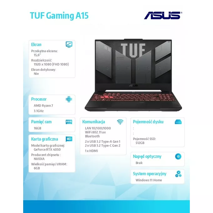 Asus Notebook TUF Gaming A15 FA507NUR-LP016W Ryzen7 7435HS/16GB/512GB/RTX4050 6GB/15.6 cali/ Win11Home
