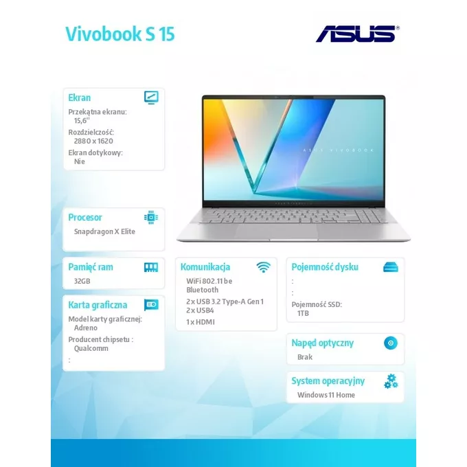Asus Notebook Vivobook S 15 S5507QA-MA049W X Elite X1E 78 100/32GB RAM/1TB SSD