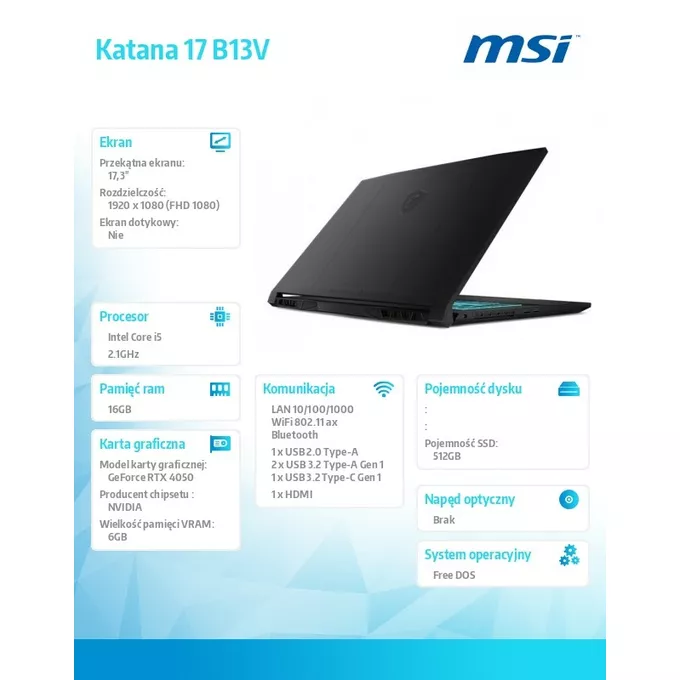 MSI Notebook Katana 17 B13VEK-1449XPL nOS/RLi5-13420H/16GB/512SSD/RTX4050/17.3 cala