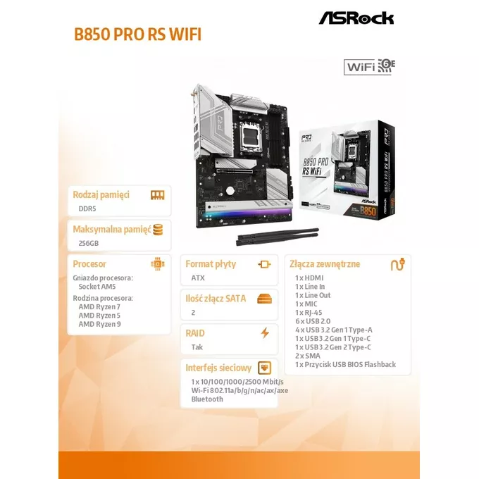 ASRock Płyta główna B850 PRO RS WIFI AM5 4DDR5 ATX