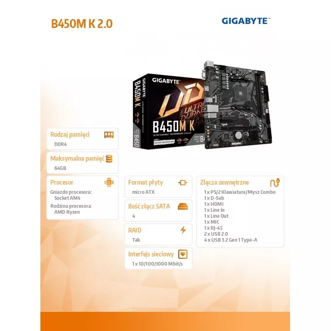 Gigabyte Płyta główna B450M K AM4 2DDR4 HDMI USB 3.2 M.2 uATX