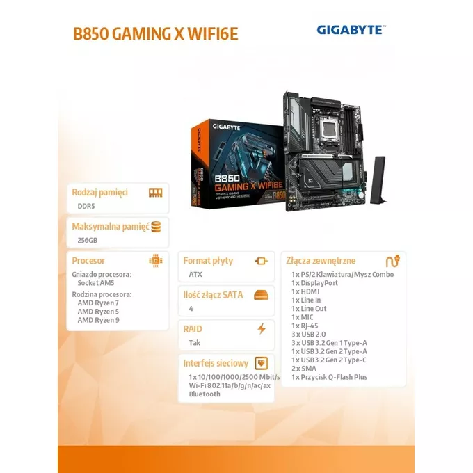 Gigabyte Płyta główna B850 GAMING X WIFI6E