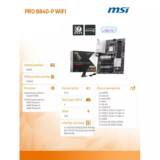 MSI Płyta główna PRO B840-P WIFI AM5 4DD R5 ATX