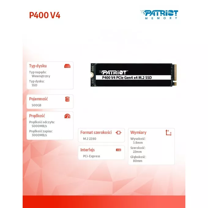 Patriot Dysk SSD 500GB P400 V4 5000/3000 MB/s M.2 PCIe Gen4 x4 NVMe 2.0