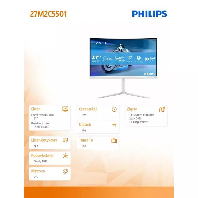 Philips Monitor 27 cali 27M2C5501 Curved VA 180Hz HDMIx2 DP HAS Ambiglow