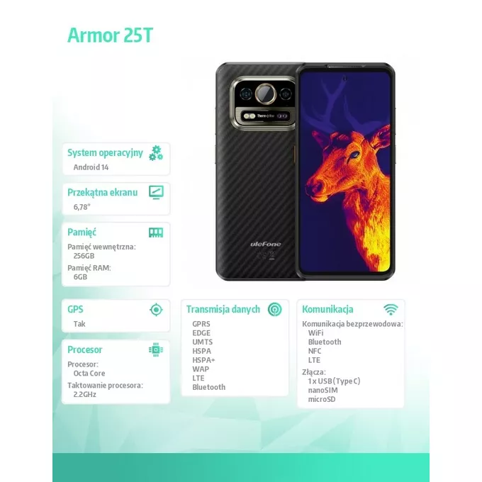 ULEFONE Smartfon Armor 25T 4G 6/256GB IP69K termowizja Frost Black