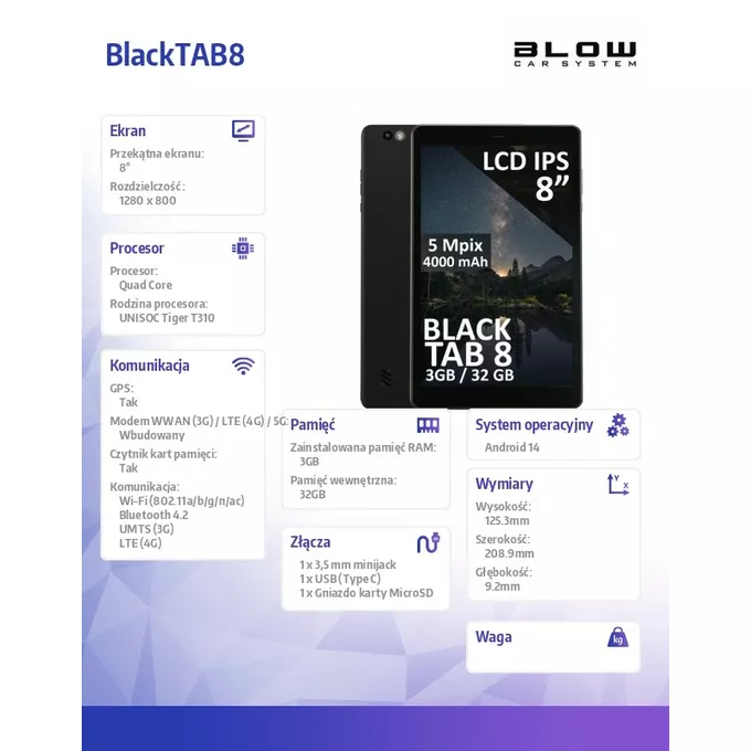BLOW Tablet BlackTAB8 3/32GB 4G LTE 8 cali Czarny