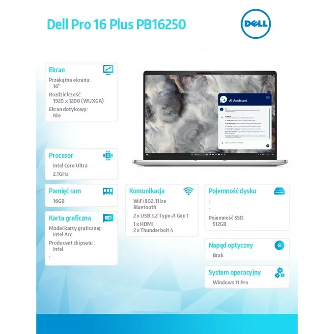 Dell Laptop Dell Pro 16 Plus PB16250 W11P Ultra 5 236V/16GB/512GB SSD G4/16.0 FHD+/Arc/FgrPr&amp;SmtCd/FHD/IRCam/Mic/WLAN+BT/BcklKb/3C/vPro/3YPS Aluminum