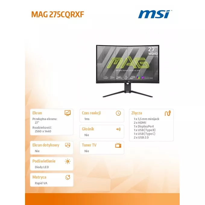 MSI Monitor 27 cali MAG 275CQRXF LED/QHD/Curved/240Hz/czarny