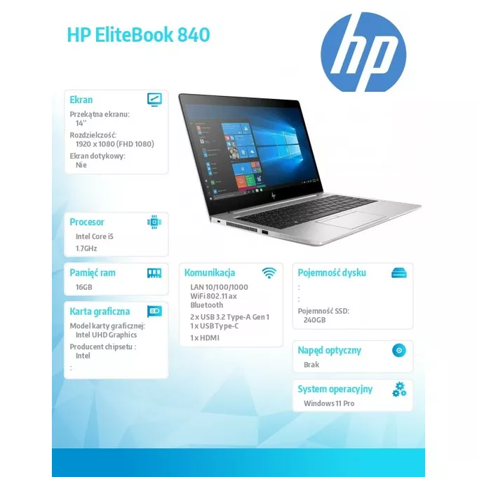 HP Notebook poleasingowy HP EliteBook 840 G5 Core i5-8350U (8-gen.) 1,7 GHz / 16 GB / 240GB SSD / 14'' FullHD / Win 11 Prof