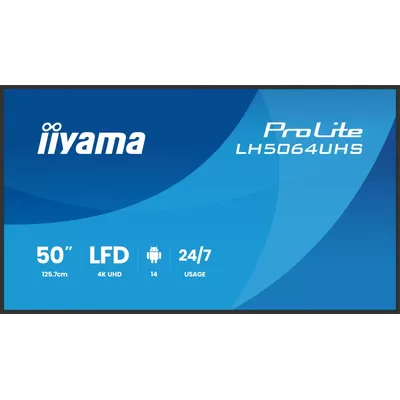 IIYAMA Monitor 50 cali LH5064UHS-B1AG, 24/7,IPS,ANDROID14,4K,500cd,1200:1,   2xHDMI ,USB-C,RJ45, RS-232c, IR, 2x10W, 2xUSB, UCHWYT ŚCIENNY,iiSignage2,WiFi,Fa