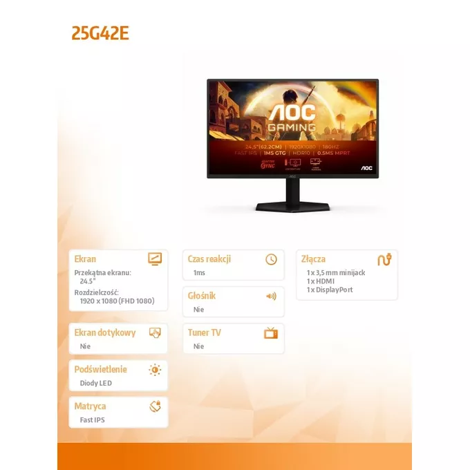 AOC Monitor 25G42E 24.5 cala 180Hz Fast IPS HDMI DP
