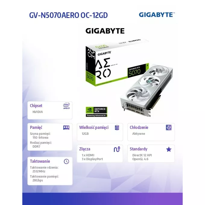 Gigabyte Karta graficzna RTX 5070 AERO OC 12GB GDDR7 192bit HDMI/DP