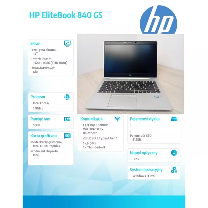 HP Notebook poleasingowy EliteBook 840 G5 Core i7-8550U (8-Gen.) 1.8GHz/16GB/SSD 512GB/14 FullHD/Win 11 Prof.