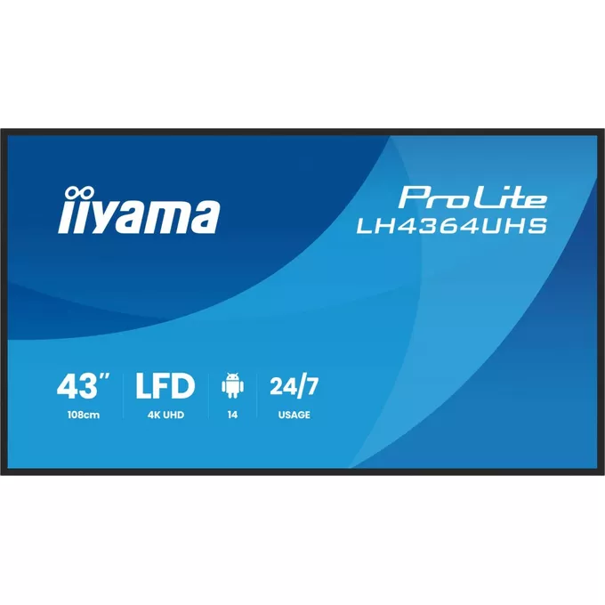 IIYAMA Monitor 43 cale LH4364UHS-B1AG 24/7,VA,ANDROID14,4K,500cd,4000:1,2xHDMI,USB-C,RJ45, RS-232c, IR, 2x10W, 2xUSB, UCHWYT ŚCIENNY