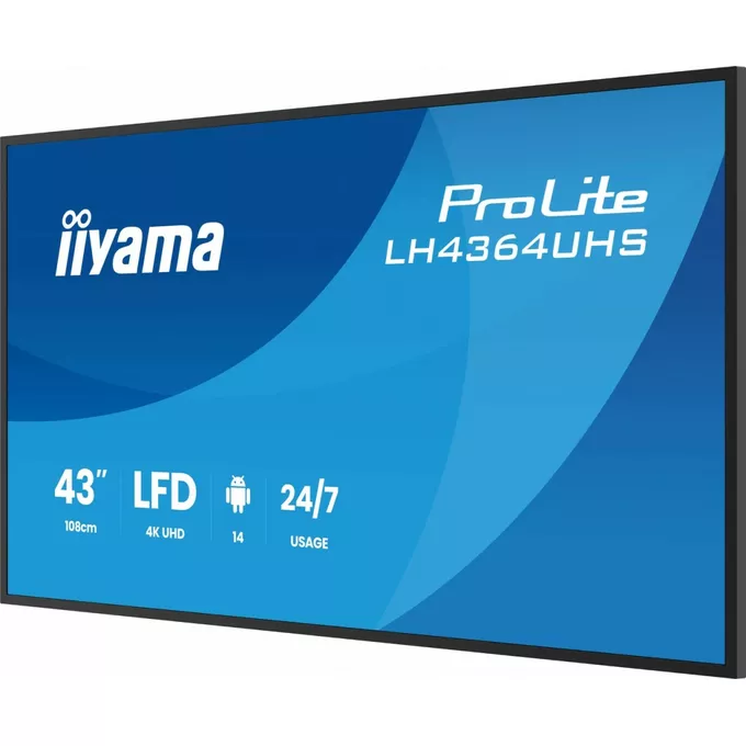 IIYAMA Monitor 43 cale LH4364UHS-B1AG 24/7,VA,ANDROID14,4K,500cd,4000:1,2xHDMI,USB-C,RJ45, RS-232c, IR, 2x10W, 2xUSB, UCHWYT ŚCIENNY