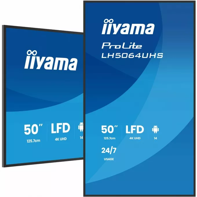 IIYAMA Monitor 50 cali LH5064UHS-B1AG, 24/7,IPS,ANDROID14,4K,500cd,1200:1,   2xHDMI ,USB-C,RJ45, RS-232c, IR, 2x10W, 2xUSB, UCHWYT ŚCIENNY,iiSignage2,WiFi,Fa