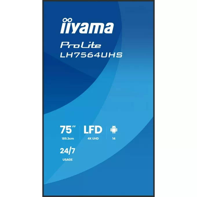 IIYAMA Monitor 75 cali LH7564UHS-B1AG, 24/7,VA,ANDROID14,4K,500cd,5000:1,    2xHDMI ,USB-C,RJ45, RS-232c, IR, 2x10W, 2xUSB, UCHWYT ŚCIENNY,iiSignage2,WiFi,Fa