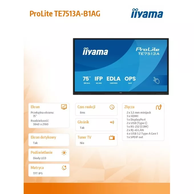 IIYAMA Monitor 75 cali TE7513A-B1AG INFRARED,40pkt,IPS,4K,7H,450cd/m2,      WiFi,USB, ANDROID 14, Google EDLA,2x20W, UCHWYT CIENNY