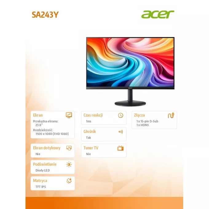 Acer Monitor 23.8 cala SA243YG0BI IPS 120Hz VGA HDMI