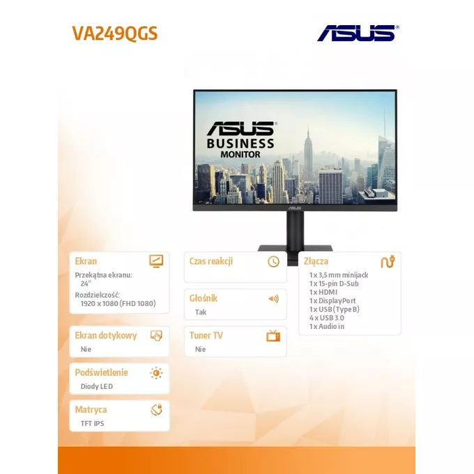 Asus Monitor 24 cale VA249QGS FHD IPS 120Hz HDMI DP VGA
