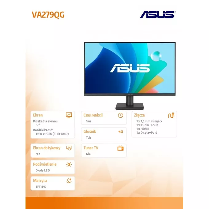 Asus Monitor 27 cali VA279QG IPS 120Hz HDMI DP VGA