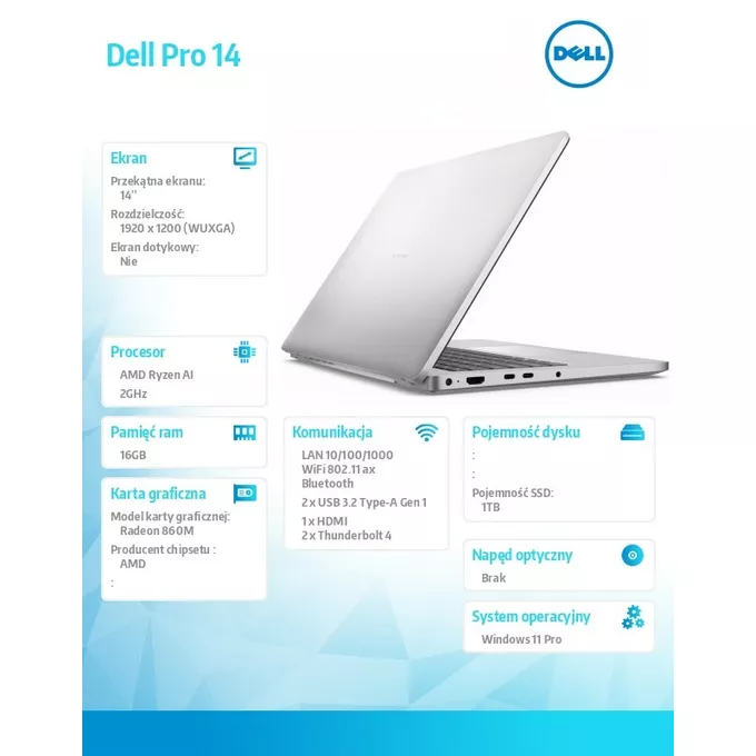 Dell Laptop Dell Pro 14 PC14255/AMD Ryzen AI 7 PRO 350/16GB/1TB/14.0 FHD+/Radeon 860M/FgrPr/FHD/IR Cam/Mic/WLAN+BT/Backlit Kb/3 Cell/W11Pro