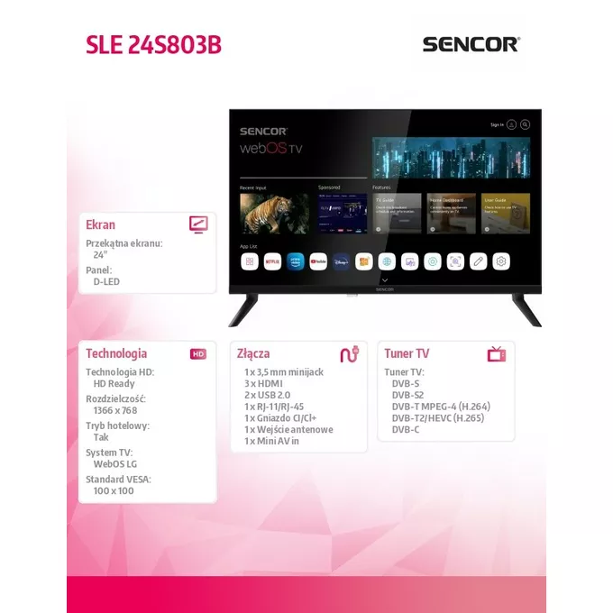 Sencor Telewizor 24 cale SMART webOS LG DVB-T/T2/C/S/S2 BT5