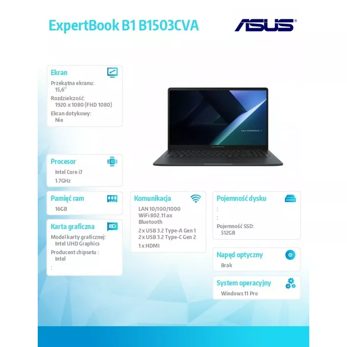 Asus Notebook ExpertBook B1 B1503CVA-S71644X - i7-1355U/16GB/512GB/15.6 FHD/Win 11 PRO/3YRS