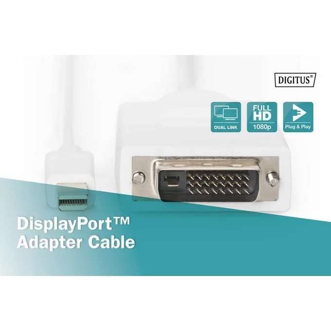 Digitus Kabel adapter Displayport 1080p 60Hz FHD Typ miniDP/DVI-D (24+1) M/M biały 2m