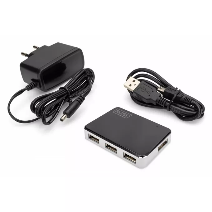 Digitus HUB/Koncentrator 4-portowy USB 2.0 HighSpeed, aktywny, czarno-srebrny