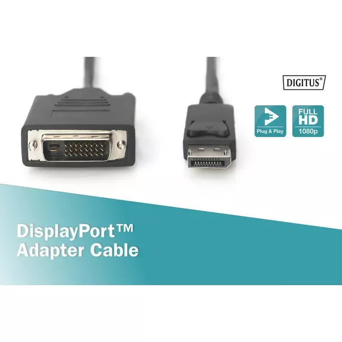 Digitus Kabel adapter Displayport z zatrzaskiem 1080p 60Hz FHD Typ DP/DVI-D (24+1) M/M czarny 2m