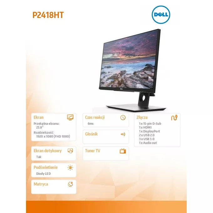 Dell Monitor P2418HT 23.8 cali Touch IPS LED Full HD (1920x1080) /16:9/HDMI(1.4)/DP(1.2)/VGA/5xUSB 3.0/3Y PPG